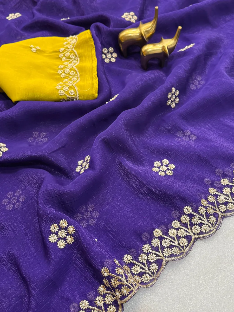 Premium Crunchy Chiffon Crush Silk with intricate embroidery & moti work